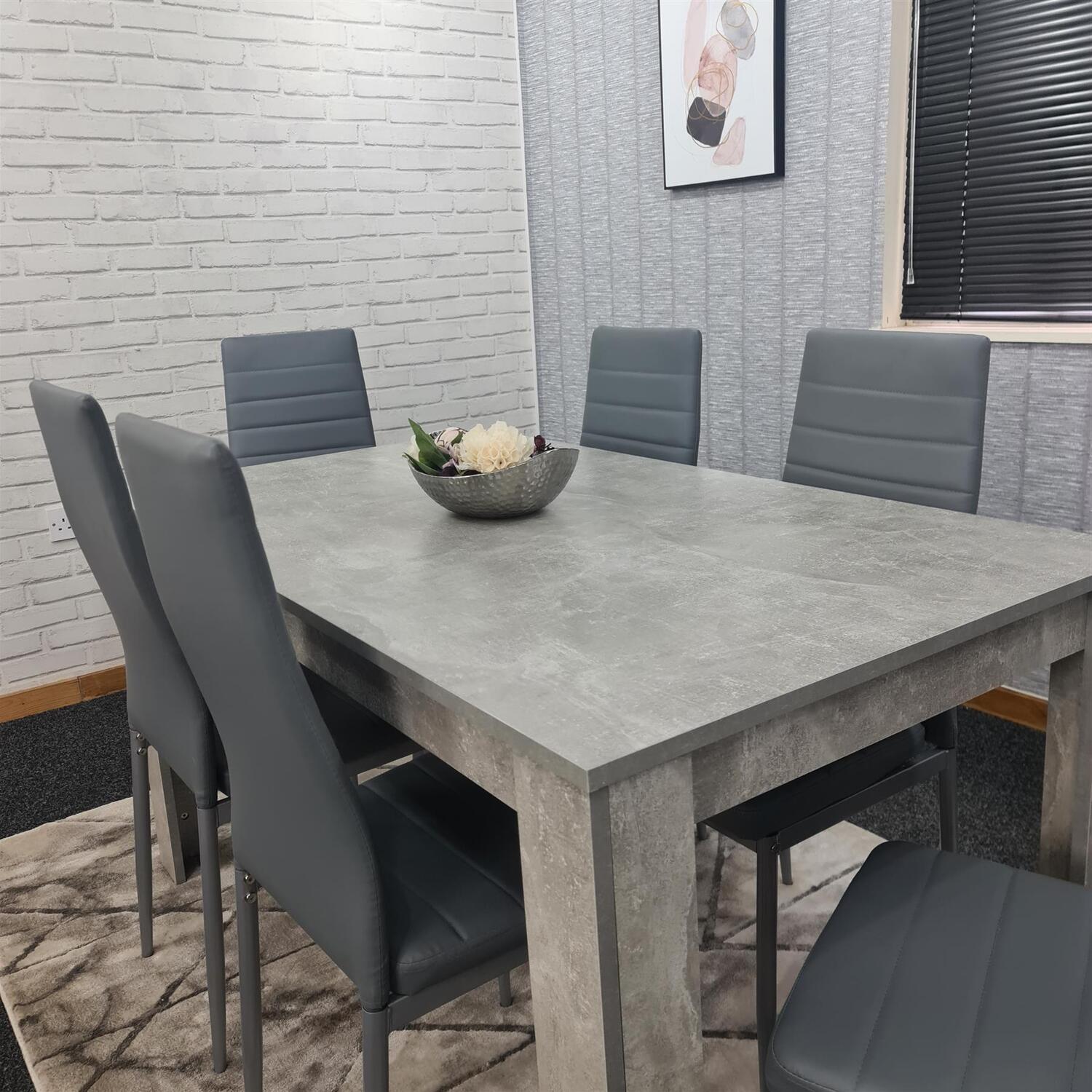 Stone grey effect dining table with leather chairs - Stone Grey / MDF Faux Leather