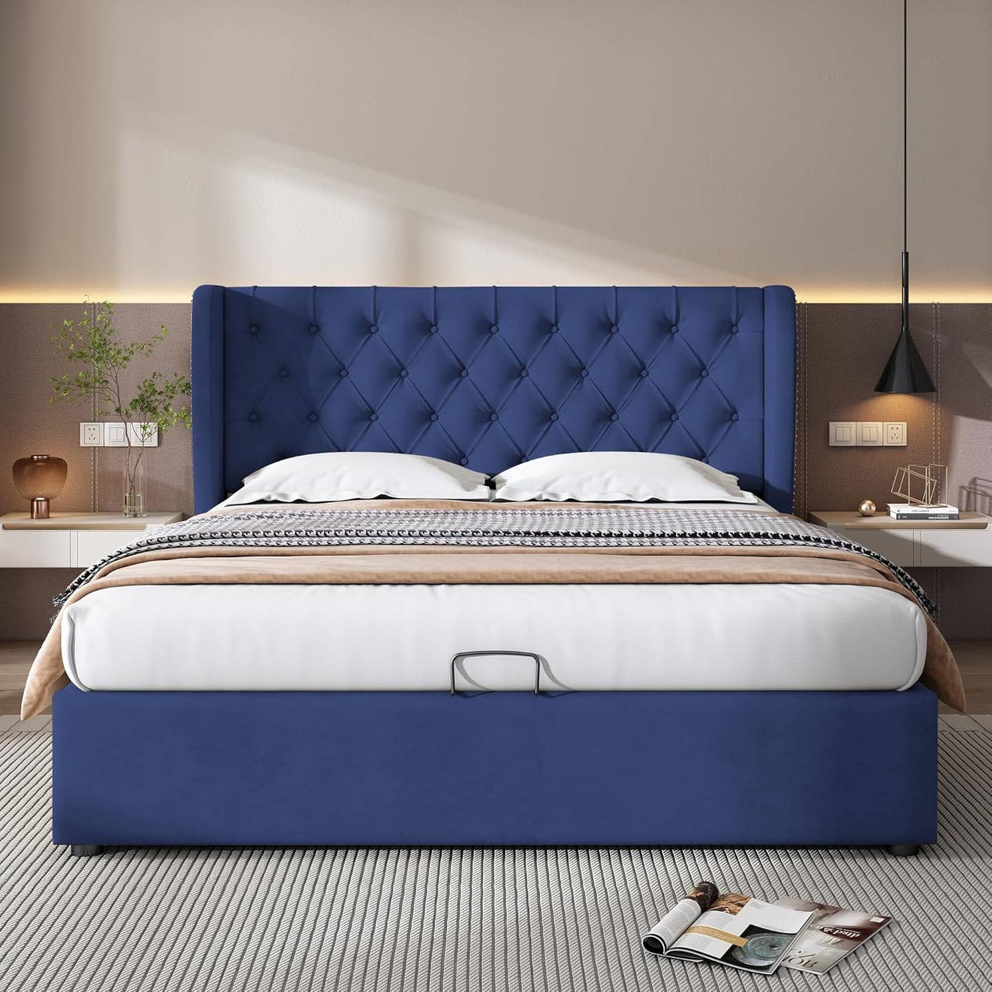 Velvet Upholstered Ottoman Double Bed Frame with Lift Up Storage