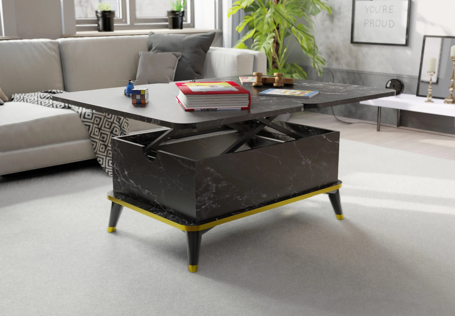 Magic Marble Gold Extendable Coffee / Dining Table Lift