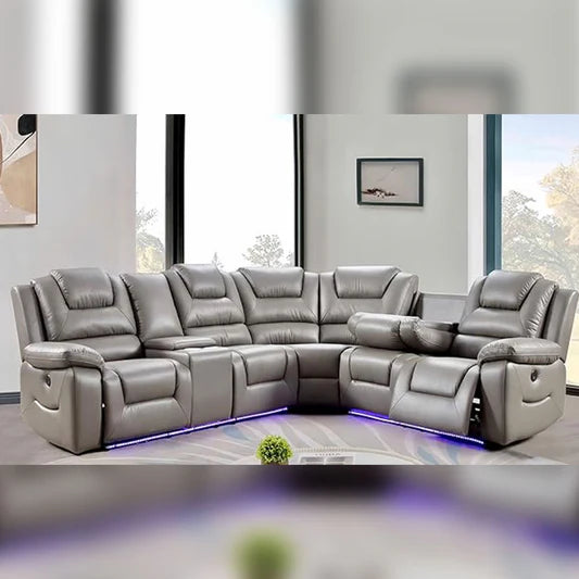 Oxford Leather Electric Recliner Corner Sofa with Cupholders, USB Charging Ports, LED Lights – Leather Corner Sofa