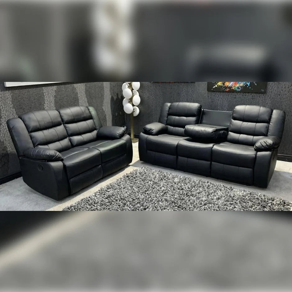Roma Leather Electric Recliner Sofa with Cupholders - 3+2 Seater Sofa - Black ,Grey & Brown
