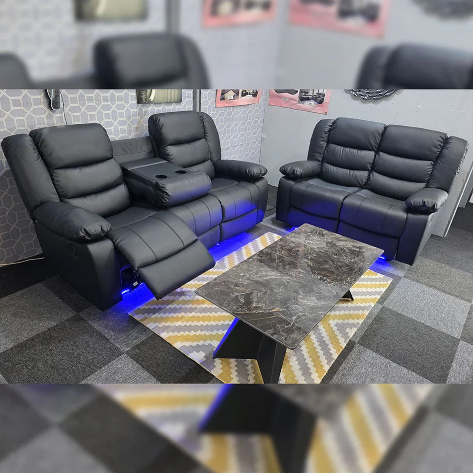 Roma Leather Electric Recliner Sofa with Cupholders - 3+2 Seater Sofa - Black ,Grey & Brown