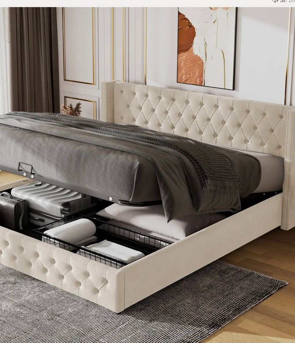 Velvet King Size Bed Frame with Wing Headboard and Lift Up Under Bed Storage