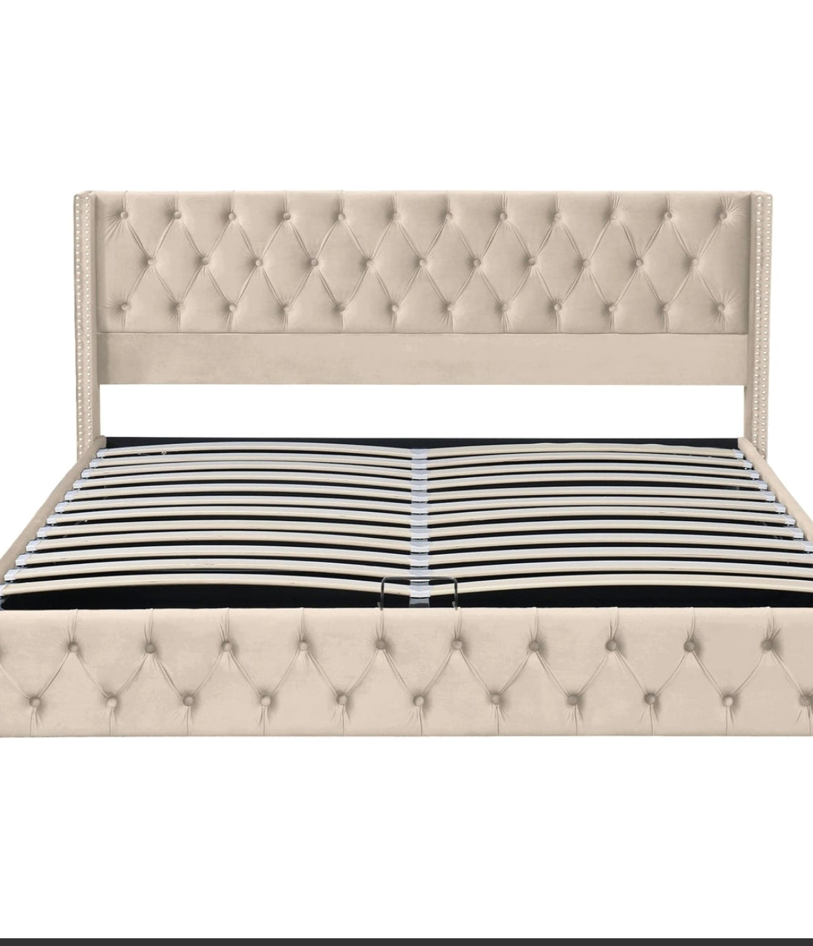 Velvet King Size Bed Frame with Wing Headboard and Lift Up Under Bed Storage