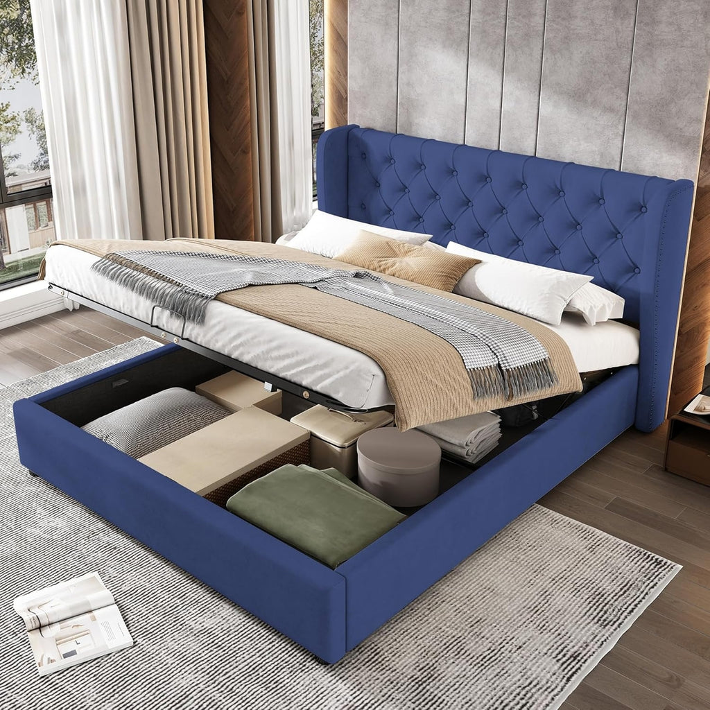 Velvet Upholstered Ottoman Double Bed Frame with Lift Up Storage