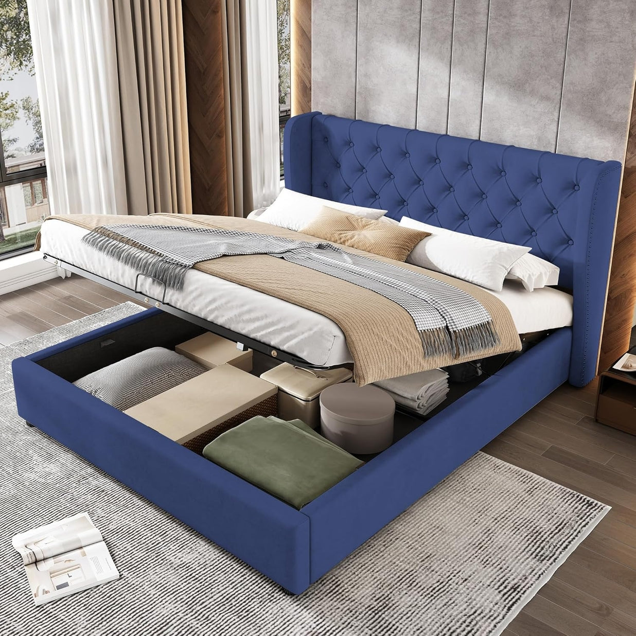 Velvet Upholstered Ottoman Double Bed Frame with Lift Up Storage