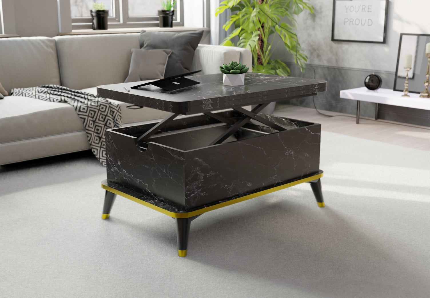 Magic Marble Gold Extendable Coffee / Dining Table Lift