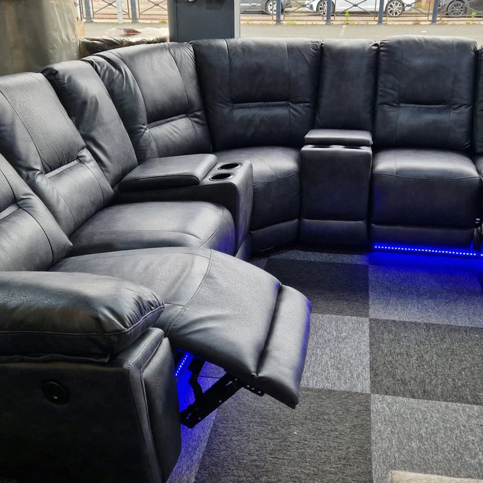 Sara Leather Electric Recliner Corner Sofa Grey LED Lighting/Cupholder/USB Ports